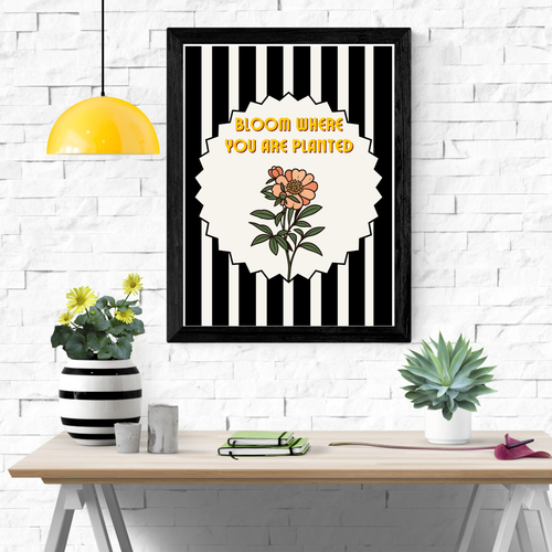 Bloom Where You Are Planted Wall Art Printable | Black & White Floral Decor